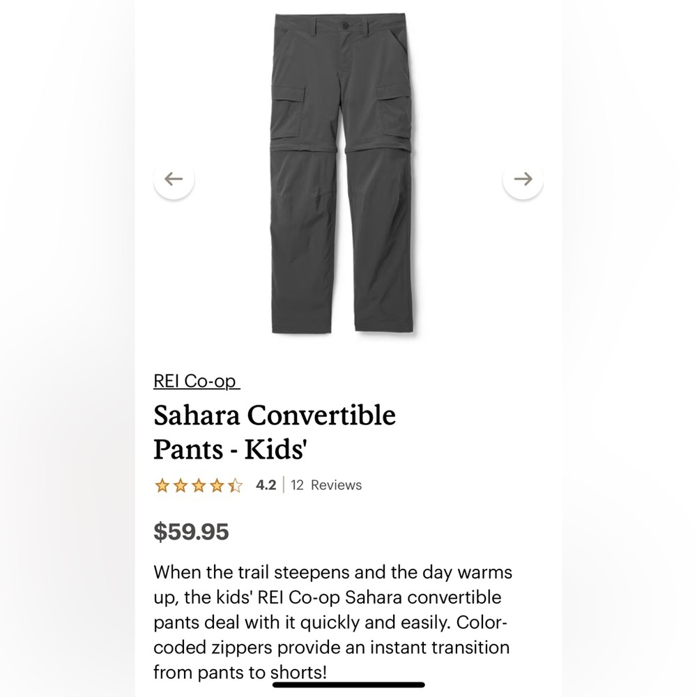 REI Co-op Kids' Sahara Convertible Pants - Gray